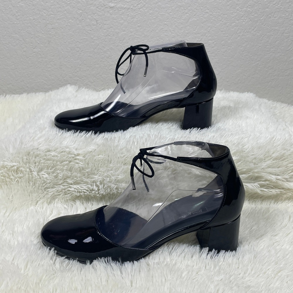 Paul Green Ankle Tie Block Heel Pumps Womens 8 Black Patent Leather‎ Round Toe